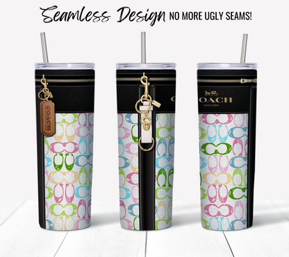 Displayed on a white surface are three tall, vibrant 20 oz sublimation tumblers featuring seamless NY Coach Pastel Monogram Fabric Texture patterns, each with an attached keychain. The overhead text states, "Seamless Design No More Ugly Seams!" Ideal for anyone looking to enhance their digital download collection with a stylish sublimation tumbler wrap.