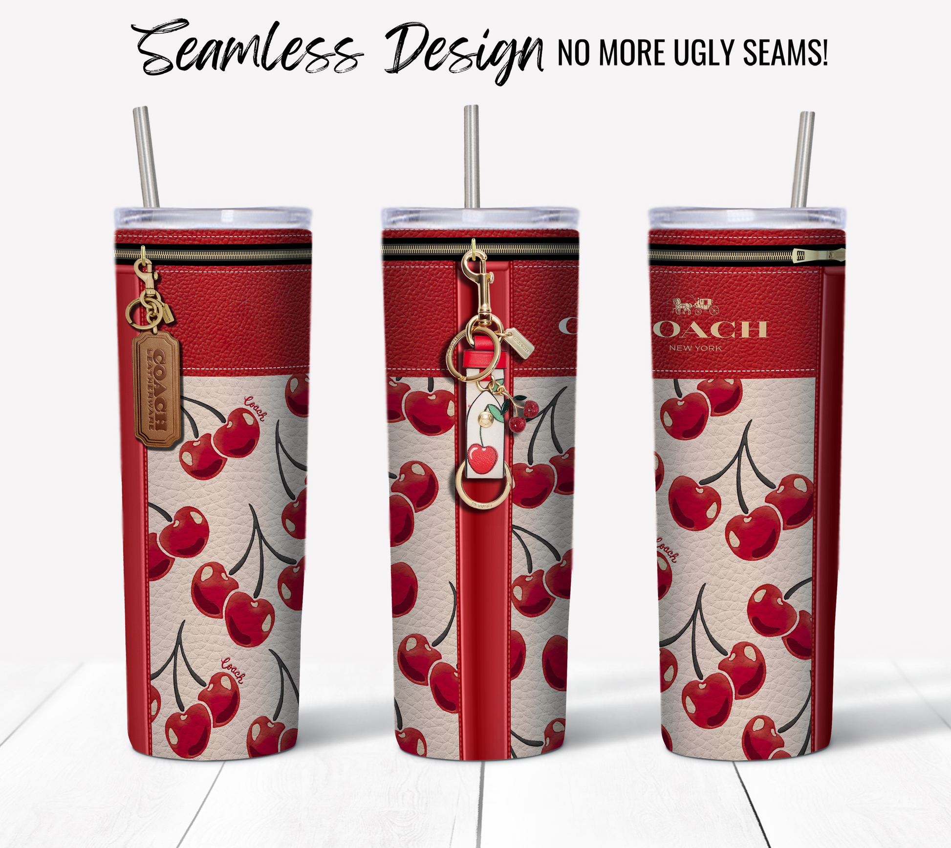 Three tall, cylindrical 20 oz sublimation tumblers with NY Coach Red Cherry Leather Texture designs and silver lids/straws are shown. The tumblers feature a seamless design with no visible seams. Text at the top reads "Seamless Design No More Ugly Seams!" in a stylish font.