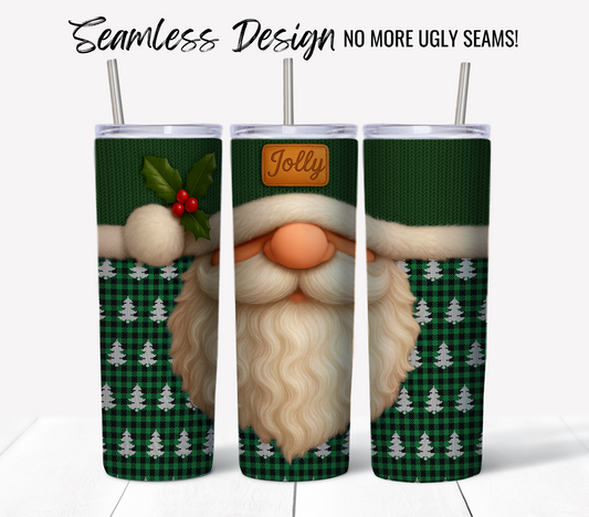 The "Jolly Santa Ugly Sweater #4" features a seamless design with a gnome face, white beard, and green plaid with white Christmas trees, holly, and a "Jolly" patch. Ideal for 20 oz sublimation tumbler wrap digital download.
