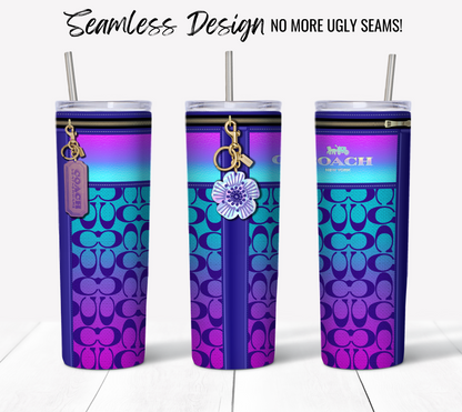 Introducing the NY Coach Indigo Monogram Holographic Fabric Texture: A set of three 20 oz tall, cylindrical tumblers with straws that feature vibrant blue, purple, and pink gradient designs. Each comes with a unique sublimation tumbler wrap adorned with a zipper graphic and attached charms, including one with an elegant floral design. Text above proclaims: "Seamless Design No More Ugly Seams!