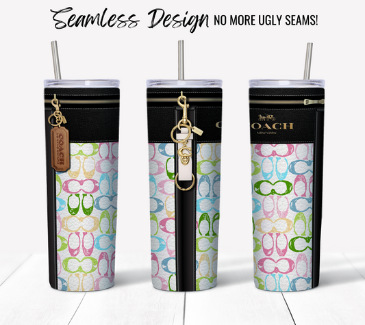 The NY Coach Pastel Monogram Leather Texture tumblers feature three vibrant and patterned designs, each showcasing a Coach logo, zipper detail, and branded keychain. Ideal for sublimation printing, these 20 oz Sublimation Tumbler Wraps boast a "Seamless Design - No More Ugly Seams!" on a pristine white background.