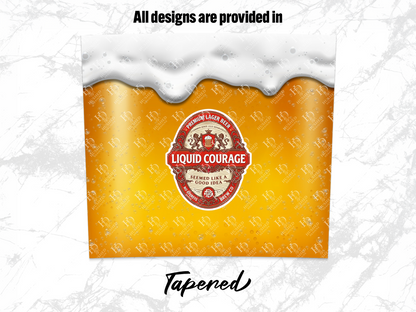 Label with "Liquid Courage" beer design, "Hushed Designs" repeating, and "Tapered" text.