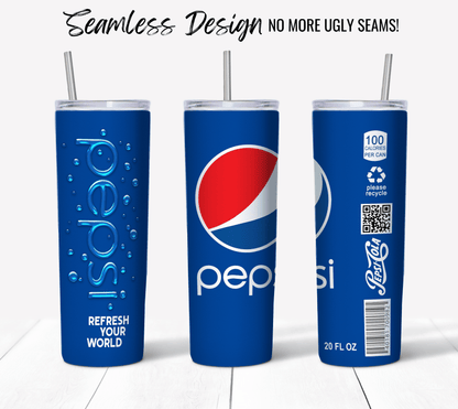 Three blue 20 oz. Pepsi Soda Sublimation Tumblers are elegantly presented against a white background. Each tumbler highlights a unique aspect of the design: the first boasts the phrase "REFRESH YOUR WORLD," the second showcases the iconic Pepsi logo, and the third presents nutritional information along with a QR code. Text at the top proudly proclaims, "Seamless Design NO MORE UGLY SEAMS!" making them perfect for digital display.