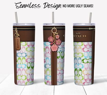 Three tall 20 oz sublimation tumblers feature pastel monogram fabric texture resembling brown leather-look tops and vibrant sandal patterns. Each includes a metal straw and decorative keychains. The text at the top states, "Seamless Design, No More Ugly Seams!" Ideal for those interested in a digital download of this unique style.