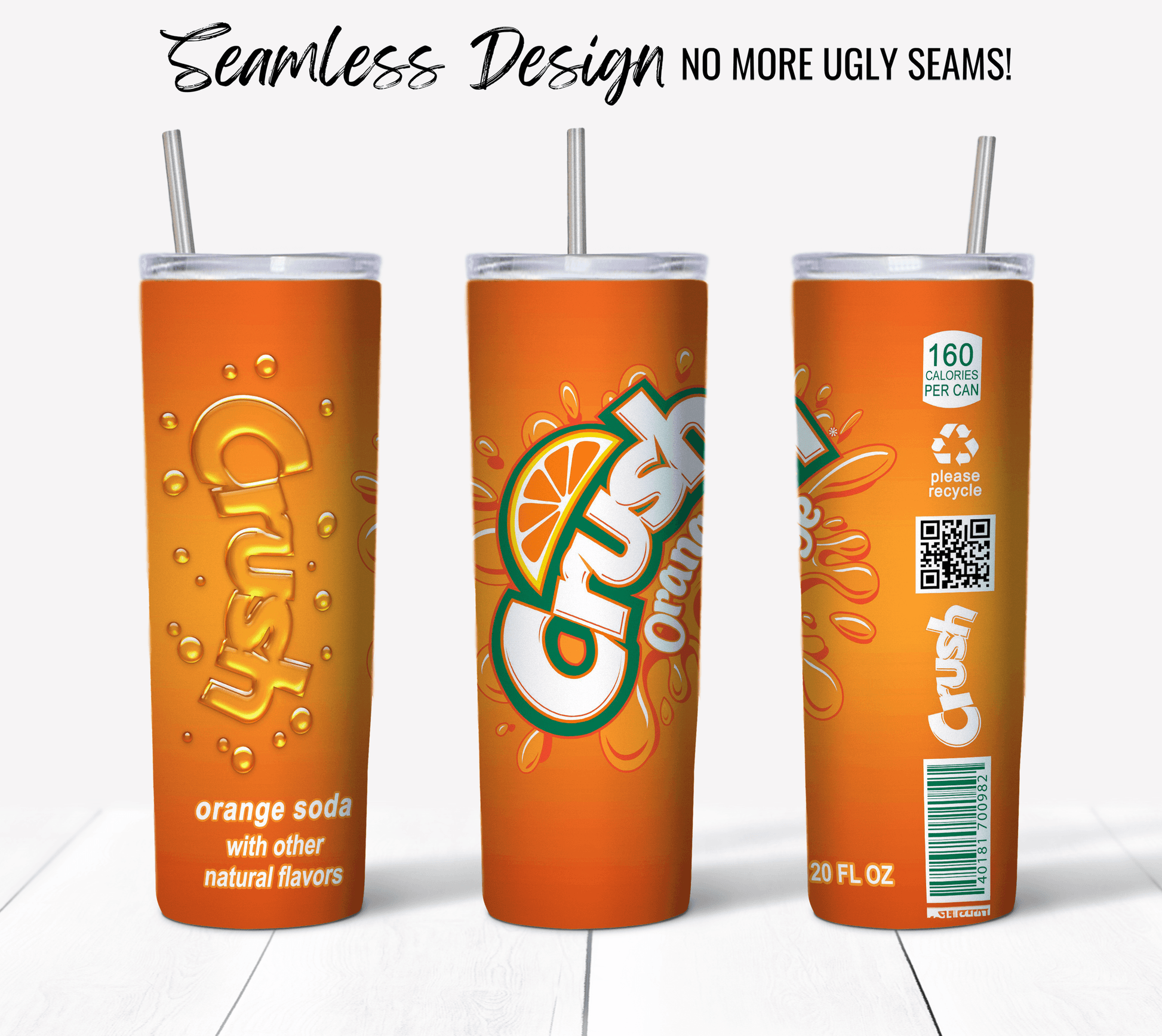 Three cans of Crush soda are displayed against a white background, showcasing various angles such as front, back, and side views. The word "Crush" in bold is prominently featured on each can along with details including "orange soda," "160 calories per can," and a QR code for a digital download.