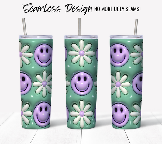 Three tall skinny tumblers with metal straws, each wrapped in the “Smiley Face Pastel Green 3D Puff” seamless 20oz sublimation design—purple smiley faces, white daisies on green. “No More Ugly Seams!” Instant digital download included.