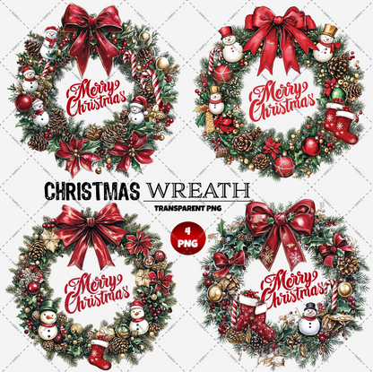 Four Christmas Wreath Transparent PNG Files each featuring red bows, pine cones, ornaments, "Merry Christmas" signs, stockings, candy canes, and snowmen. These high-resolution files come with transparent backgrounds for seamless holiday designs.