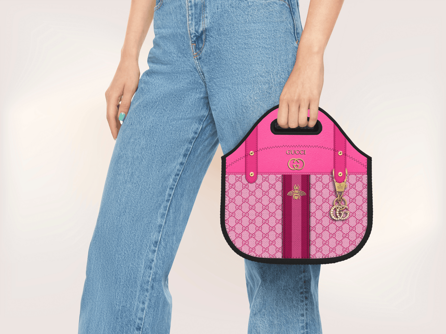 Gucci Pink Monogram with Pink Strap Lunch Tote and Tumbler Set Fabric Texture - Hushed Designs