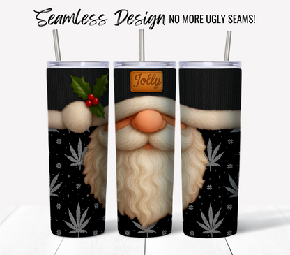 The "Jolly Santa Ugly Sweater #5" features three tumbler wraps with a seamless Santa face, holly sprig, “Jolly” text, black background, snowflakes, and cannabis leaves—perfect digital download for 20 oz skinny sublimation tumblers.