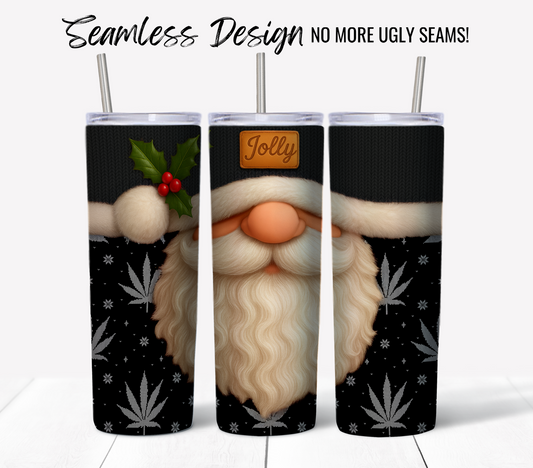 The "Jolly Santa Ugly Sweater #5" features three tumbler wraps with a seamless Santa face, holly sprig, “Jolly” text, black background, snowflakes, and cannabis leaves—perfect digital download for 20 oz skinny sublimation tumblers.