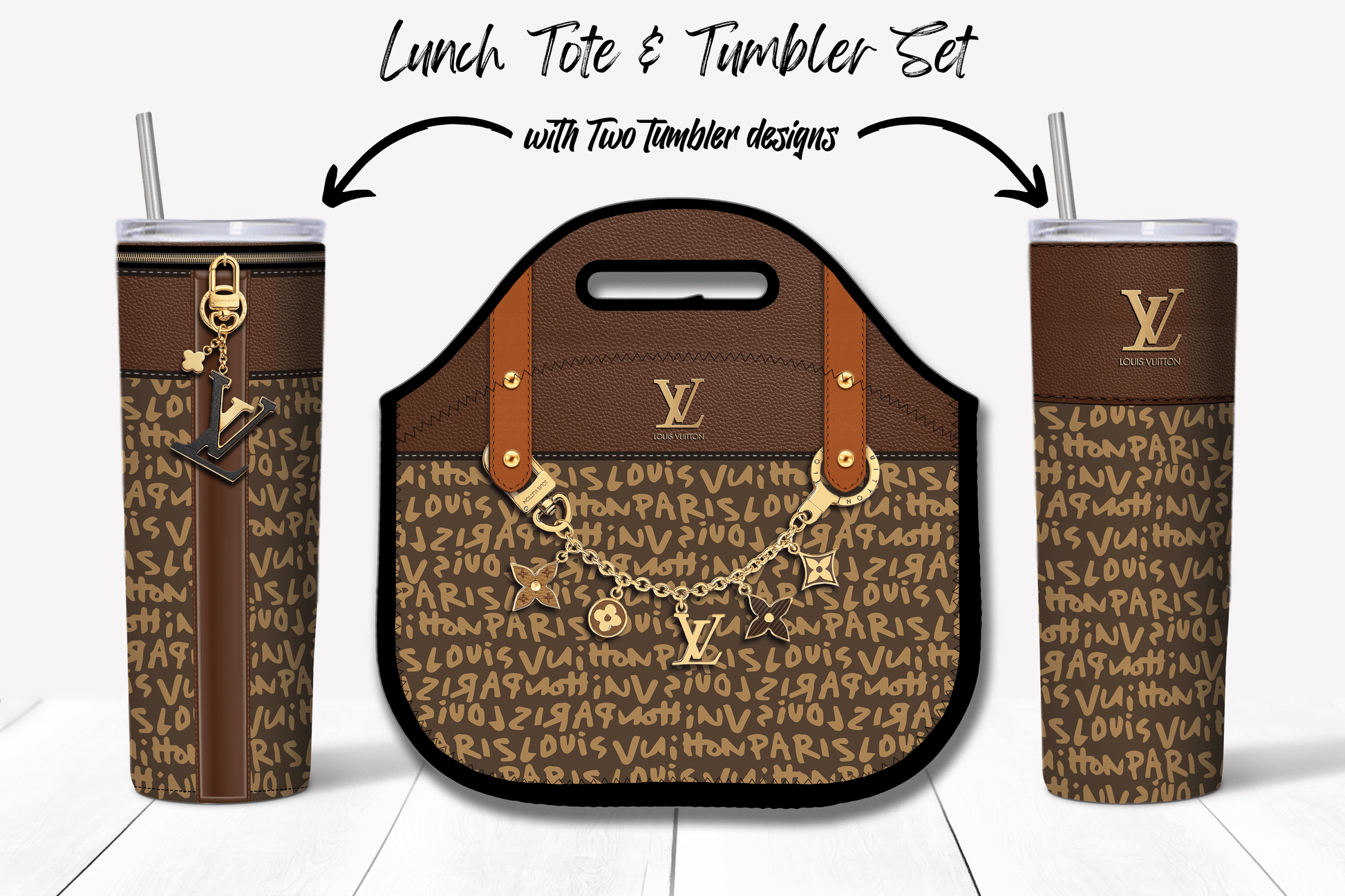 LV Brown Graffiti Monogram Lunch Tote and Tumbler Set Plain - Hushed Designs