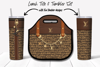 LV Brown Graffiti Monogram Lunch Tote and Tumbler Set Plain - Hushed Designs