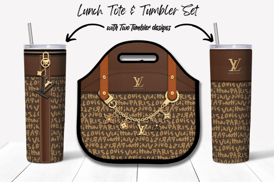 LV Brown Graffiti Monogram Lunch Tote and Tumbler Set Plain - Hushed Designs