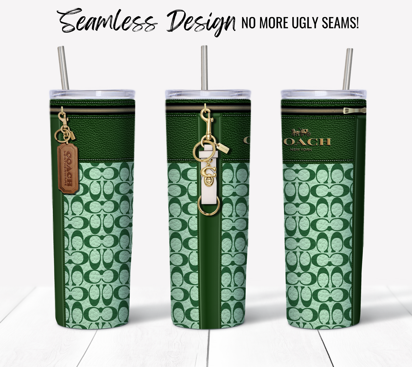 Three NY Coach Forrest Green Monogram Leather Texture tumbler cups are showcased, each adorned with a straw and featuring the brand's iconic logo and signature pattern. One cup includes a leather tag, another has a gold keychain for added elegance, while all three offer a seamless design ideal for those interested in 20 oz sublimation tumbler wrap or sublimation printing projects.