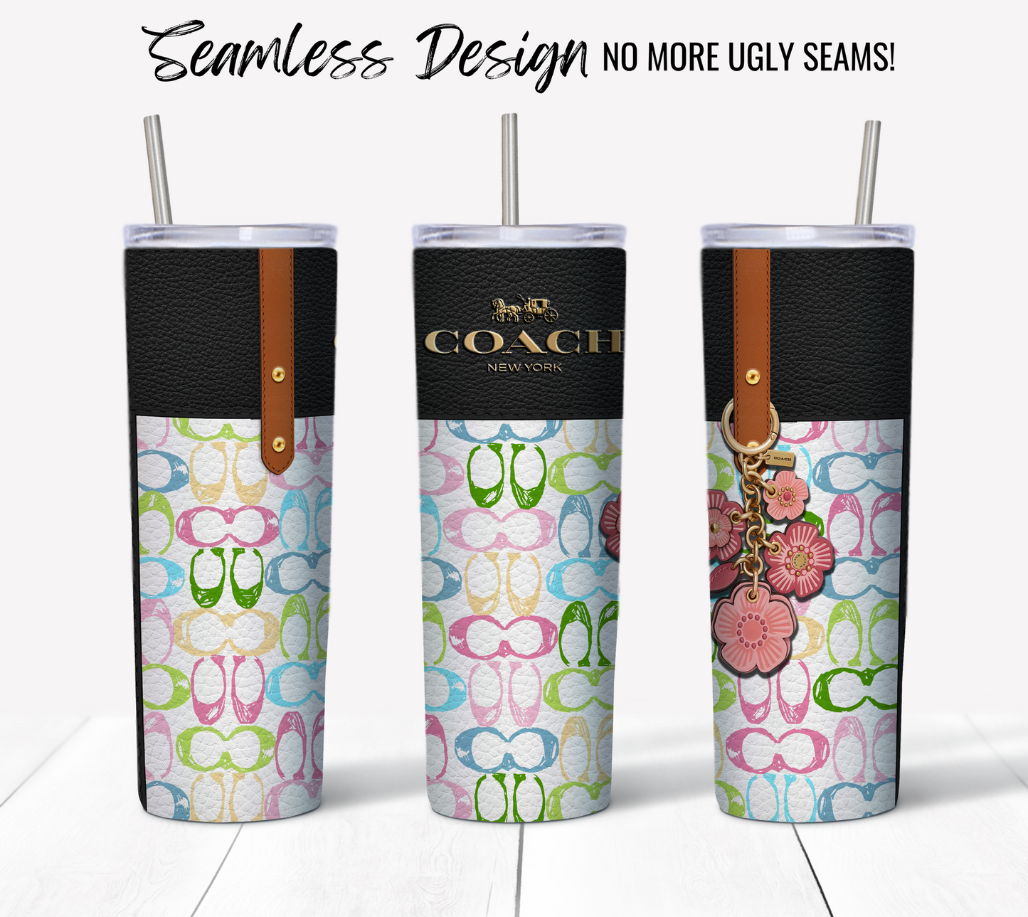 Three NY Coach Pastel Monogram Leather Texture insulated tumblers showcase a vibrant, overlapping shoe design with black, stitched tops. Each 20 oz sublimation tumbler wrap features a brown strap, and one is embellished with flower-shaped charms. Text above reads "Seamless Design No More Ugly Seams!" highlighting exquisite sublimation printing.