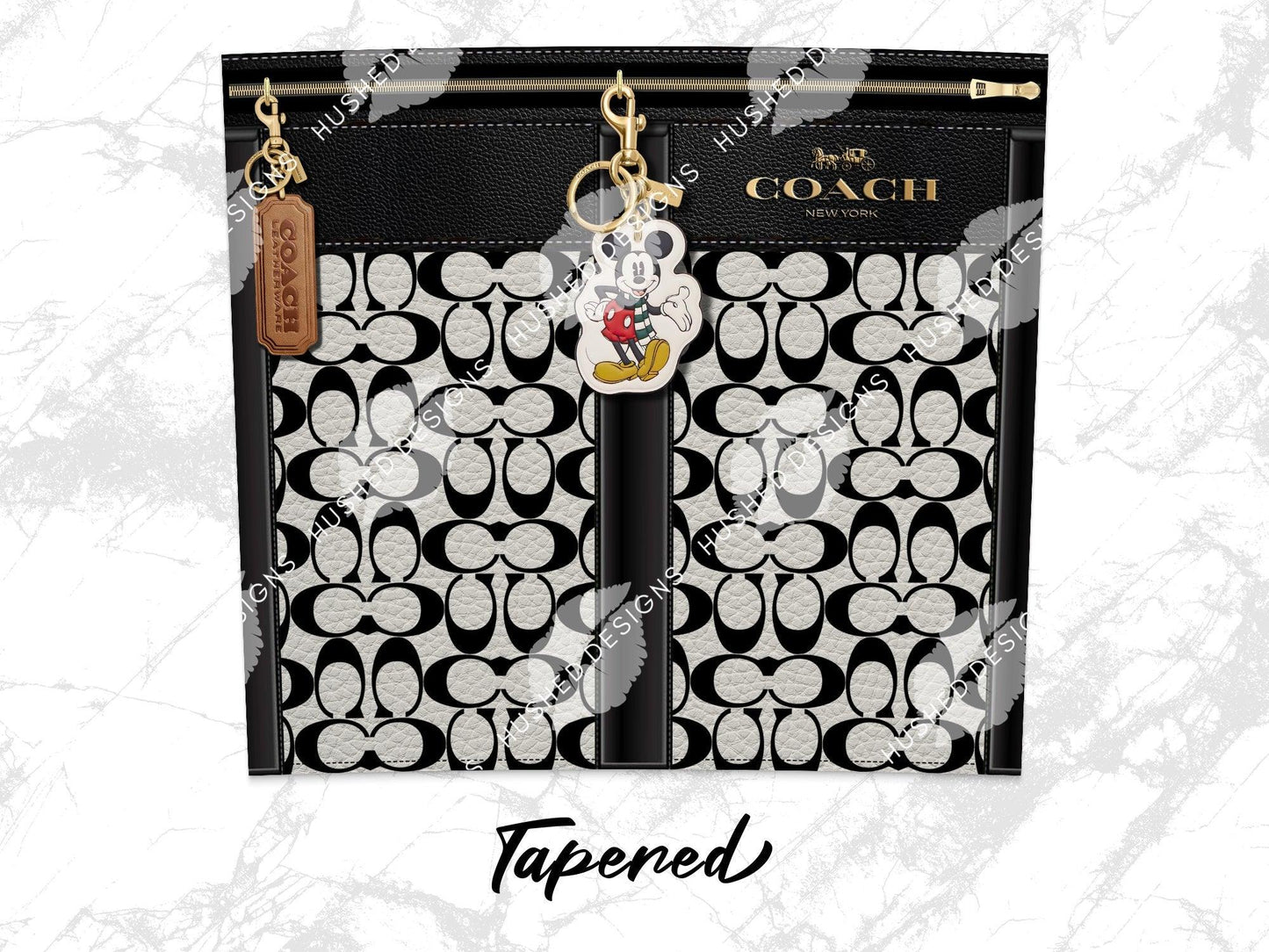 NY Coach Black and White Monogram with Mickey Key Chain Leather Texture - Hushed Designs