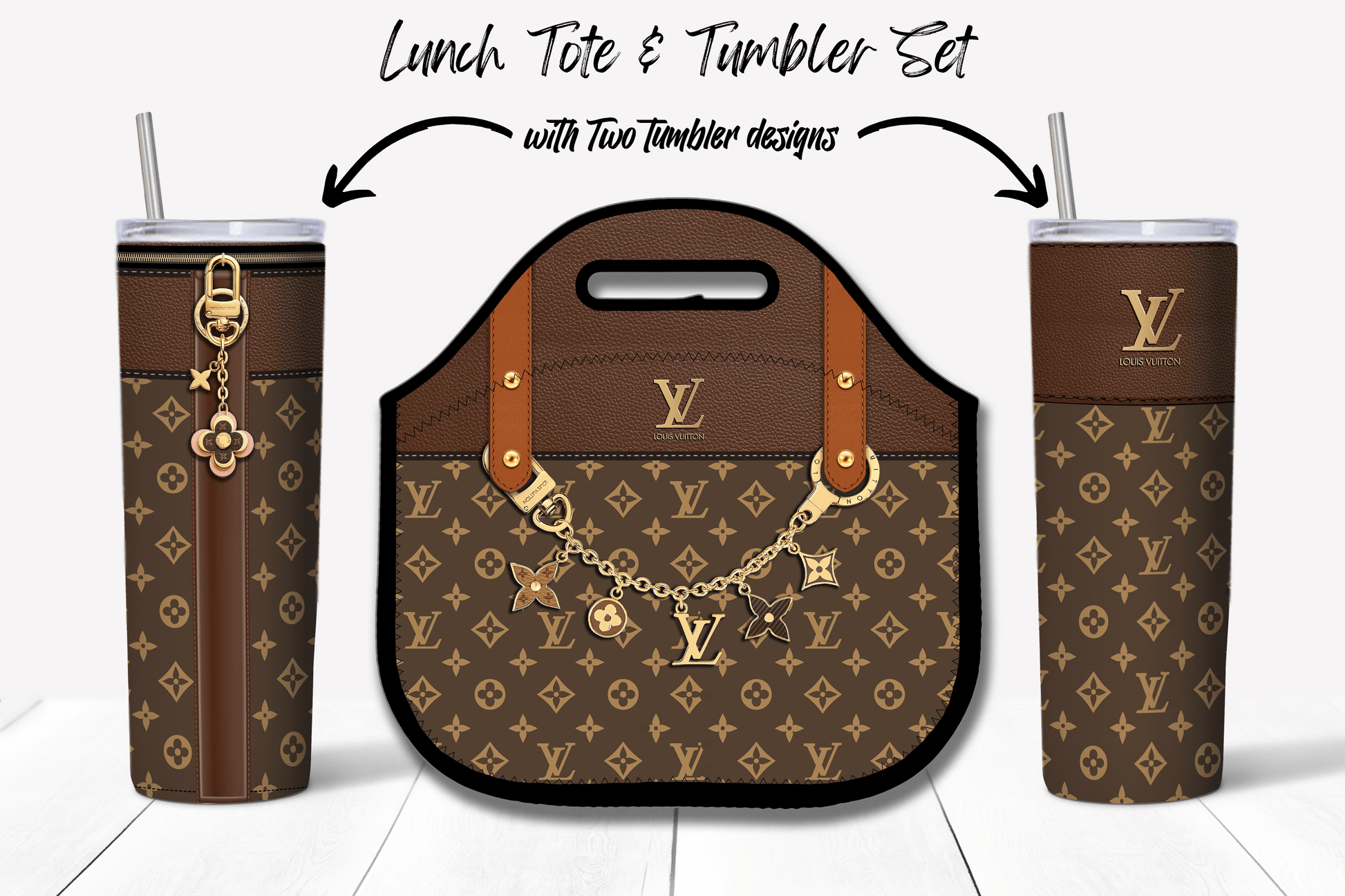 LV Brown Monogram Lunch Tote and Tumbler Set Plain - Hushed Designs