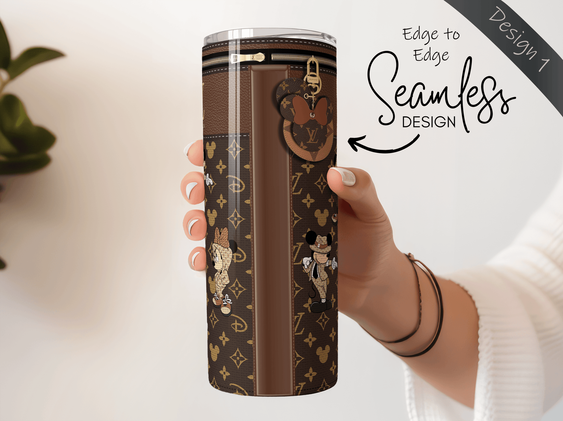 LV Brown Mickey & Minnie Monogram Lunch Tote and Tumbler Set Fabric Texture - Hushed Designs