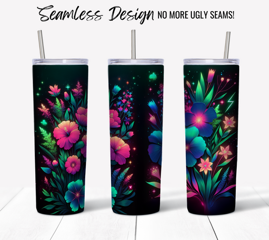 Floral Tumbler Cup with Straw, Seamless Design, Galaxy Flowers, Stainless Steel, Insulated Drinkware, Gift for Her, Colorful Artwork