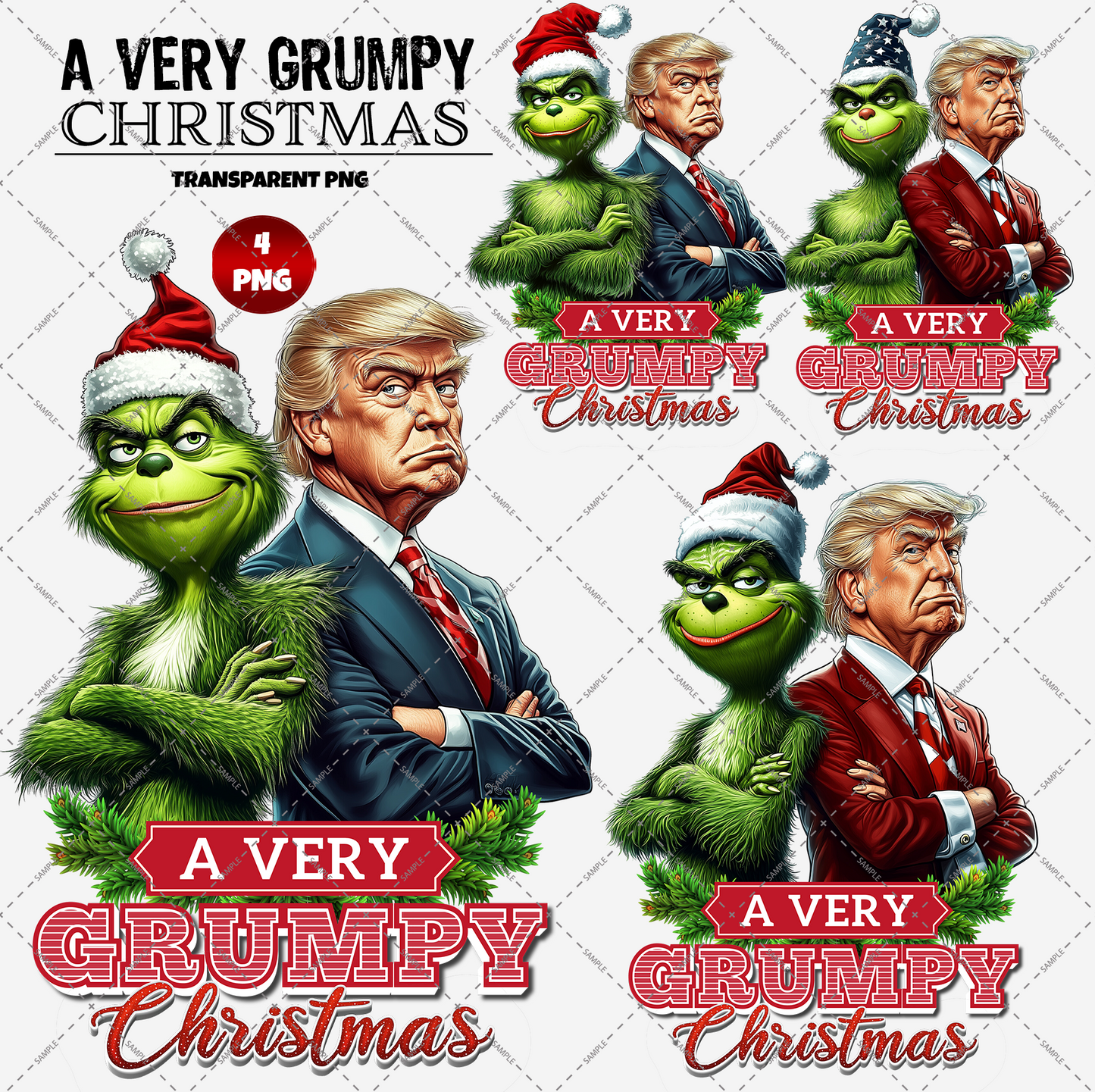 Illustration featuring a green, grumpy character donning a Santa hat alongside a stern man in a suit. The accompanying text, "A Very Grumpy Christmas," is presented in various styles. This high-resolution digital product is available as four transparent PNG files with repeated images in different sizes and settings.