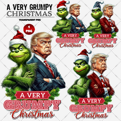 Illustration featuring a green, grumpy character donning a Santa hat alongside a stern man in a suit. The accompanying text, "A Very Grumpy Christmas," is presented in various styles. This high-resolution digital product is available as four transparent PNG files with repeated images in different sizes and settings.