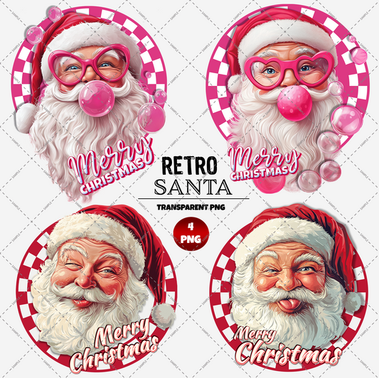 Four distinct Retro Santa Claus designs, each featuring glasses and bubblegum within a pink and red circle, all displaying the text "Merry Christmas." The main label says "Retro Santa 4 x Transparent PNG Files," offering high-resolution images ideal for digital projects with transparent backgrounds.