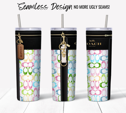 Three tall, NY Coach Pastel Monogram Plain 20 oz sublimation tumblers feature multicolored sunglasses designs. Each skinny sublimation tumbler wrap includes a black band with zippers and key rings on a white background. The text reads, "Seamless Design No More Ugly Seams!" Ideal for digital download enthusiasts.