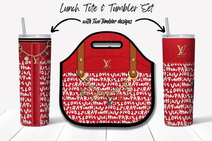 LV Red Graffiti Monogram Lunch Tote and Tumbler Set Fabric Texture - Hushed Designs