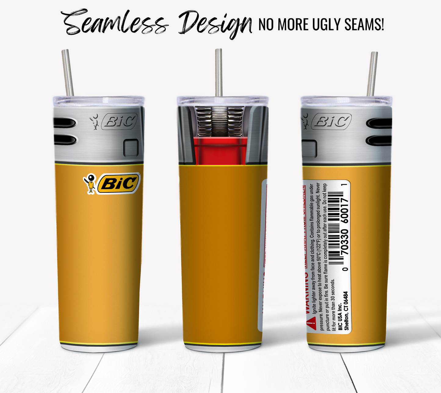 Three insulated tumbler cups are shown, each designed to look like a Bic Lighter Yellow. The front view shows the detailed lighter design, the middle reveals the intricate inner mechanism, and the back displays a barcode and warning label. Perfect for your Skinny Sublimation Tumbler projects! Text above reads, "Seamless Design - No More Ugly Seams!".