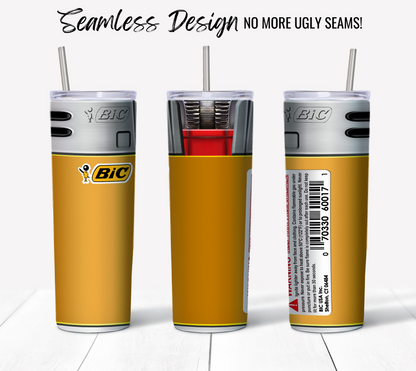 Three insulated tumbler cups are shown, each designed to look like a Bic Lighter Yellow. The front view shows the detailed lighter design, the middle reveals the intricate inner mechanism, and the back displays a barcode and warning label. Perfect for your Skinny Sublimation Tumbler projects! Text above reads, "Seamless Design - No More Ugly Seams!".