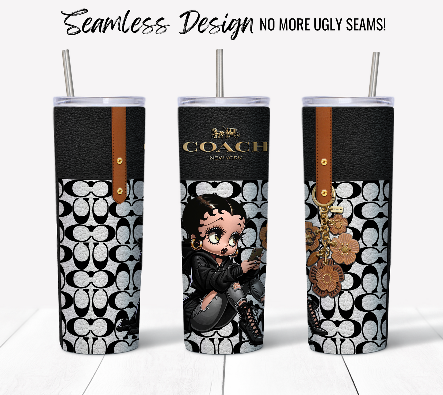 Image of three tall travel tumblers with stylish designs. The middle tumbler showcases the NYC Coach Black and White Monogram with Betty Boop Leather Texture, while the other two display the same pattern. Each tumbler includes a sleek metal straw and a black/leather accent. Text above reads "Seamless Design, No More Ugly Seams!" Ideal for 20 oz Sublimation Tumbler Wraps.