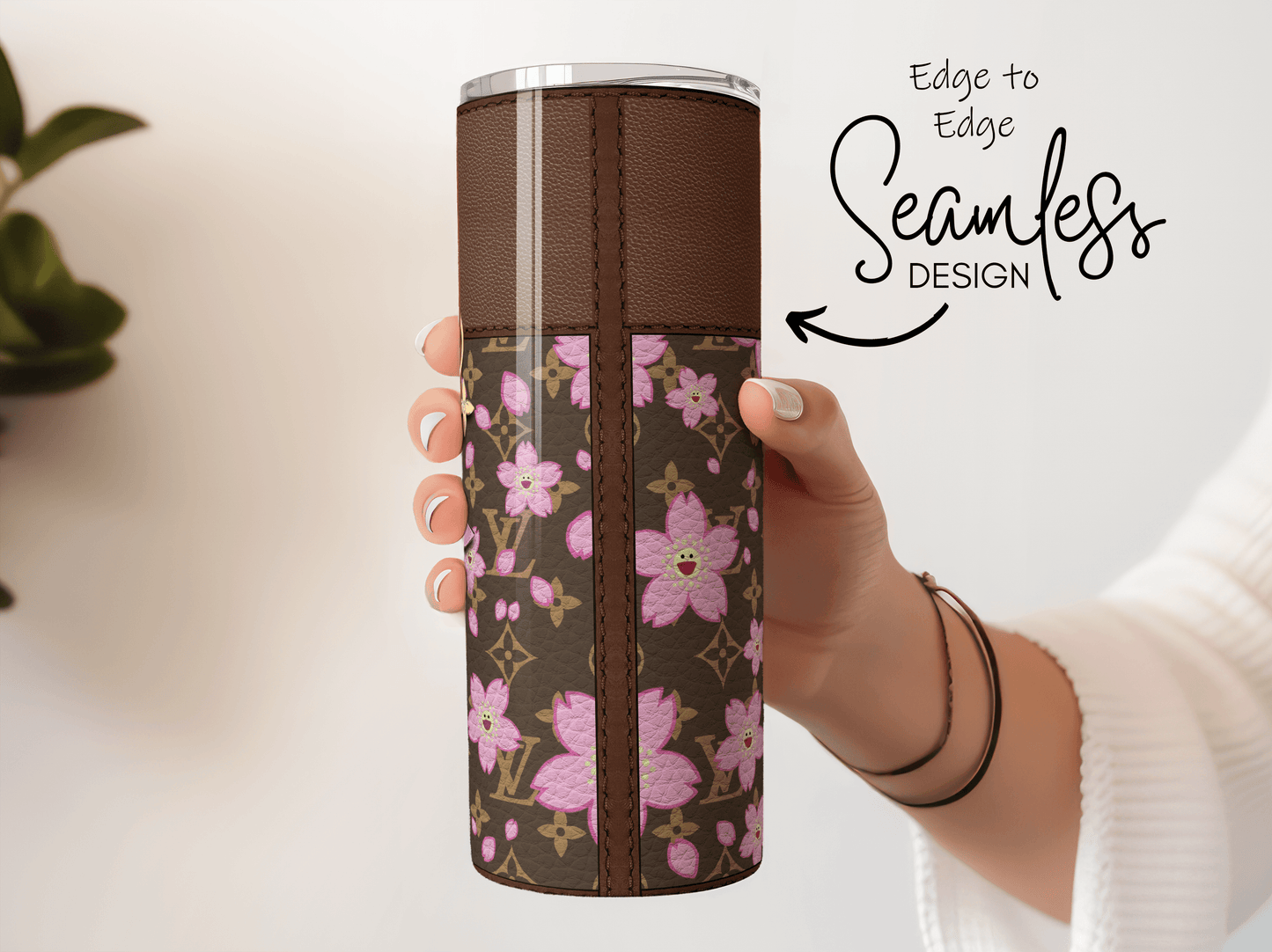 LV Brown Cherry Blossom Lunch Tote and Tumbler Set Leather Texture - Hushed Designs