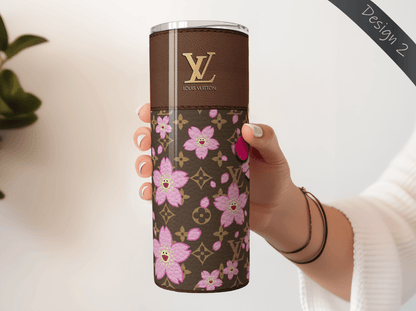 LV Brown Cherry Blossom Lunch Tote and Tumbler Set Leather Texture - Hushed Designs