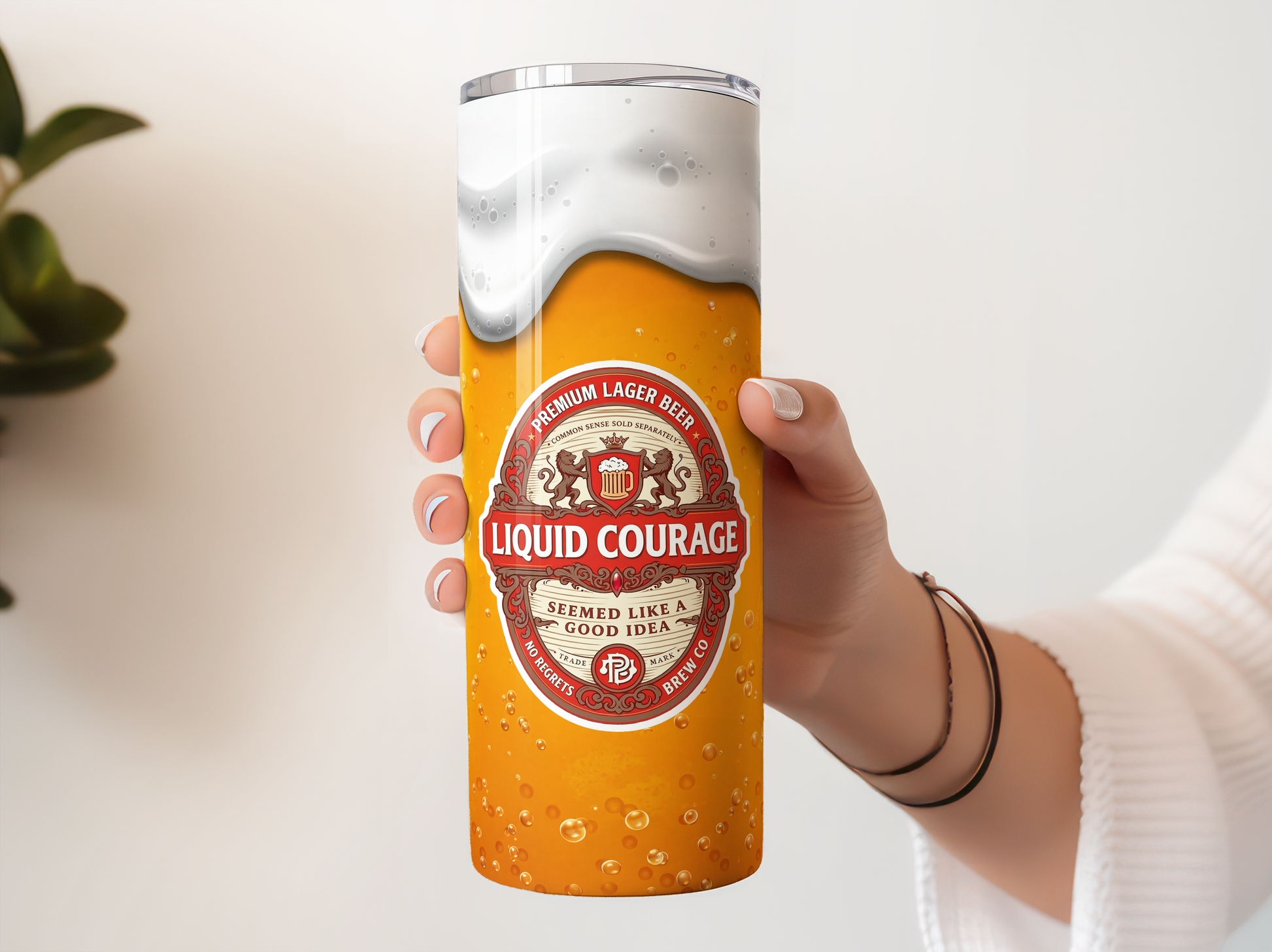 Premium lager beer tumbler with "Liquid Courage" text and beer design.