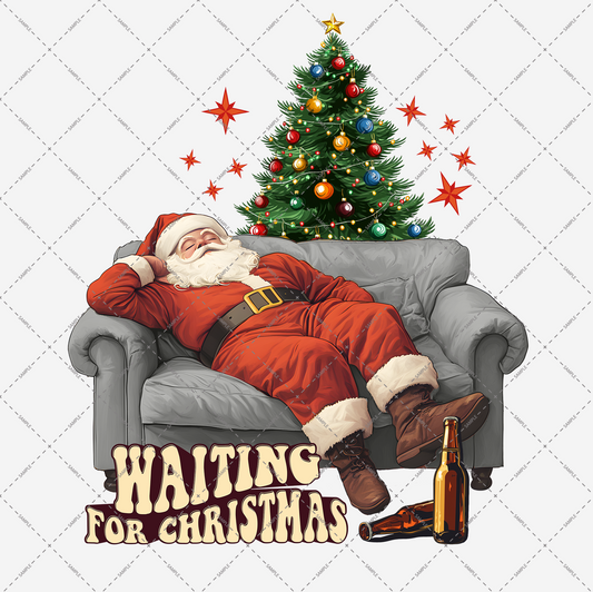 Santa Claus is peacefully relaxing on a gray couch, eyes closed, next to a festively adorned Christmas tree. Two empty brown bottles rest on the floor beside him. This scene is beautifully captured in the high-resolution digital file named "Waiting For Christmas Transparent PNG File," with its name written at the bottom.