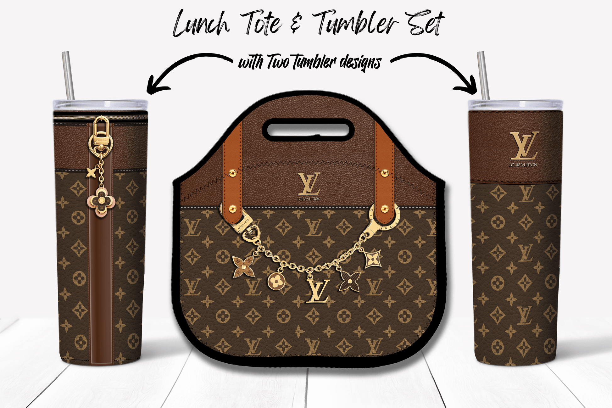 LV Brown Monogram Lunch Tote and Tumbler Set Leather Texture - Hushed Designs