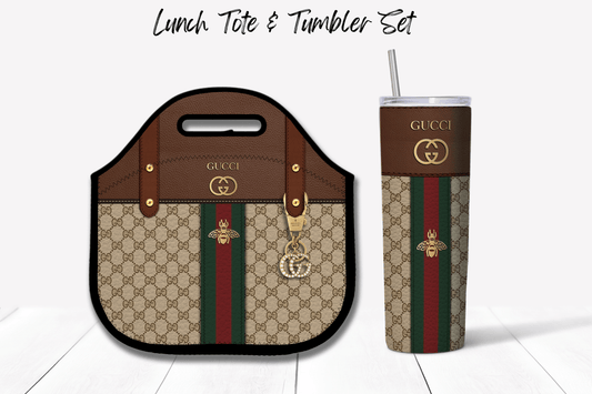 Gucci Brown Monogram Lunch Tote and Tumbler Set Leather Texture - Hushed Designs