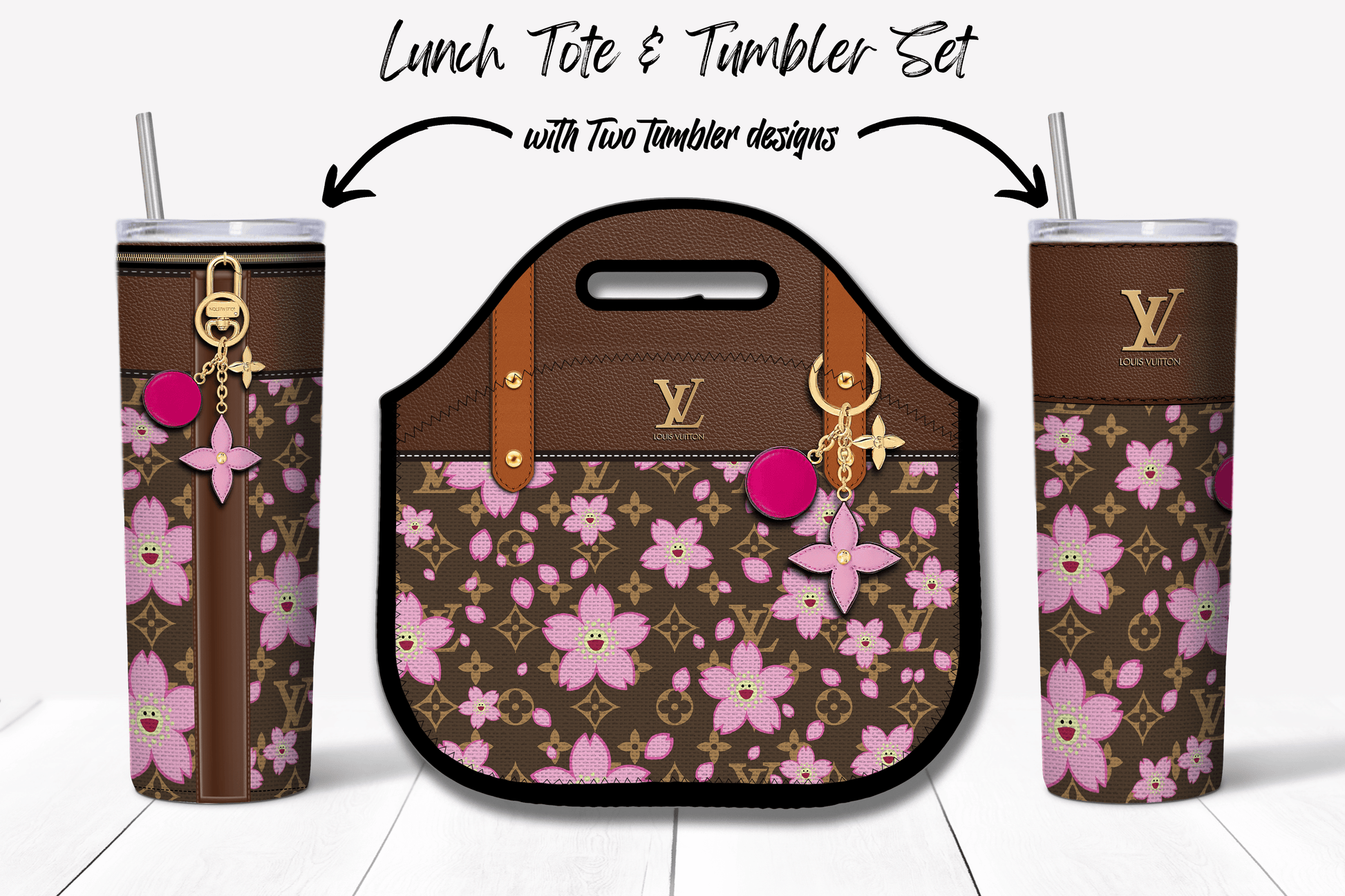 LV Brown Cherry Blossom Lunch Tote and Tumbler Set Fabric Texture - Hushed Designs