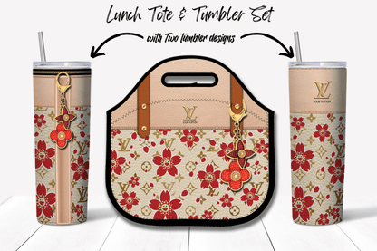 LV Beige Cherry Blossom Lunch Tote and Tumbler Set Leather Texture - Hushed Designs