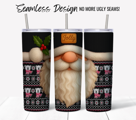 The Jolly Santa Ugly Sweater #14 features a seamless Santa Claus with a fluffy white beard, holly hat, “Jolly” label, snowflakes, and gray mice in sweaters. This 20 oz tumbler wrap is available as a digital download.