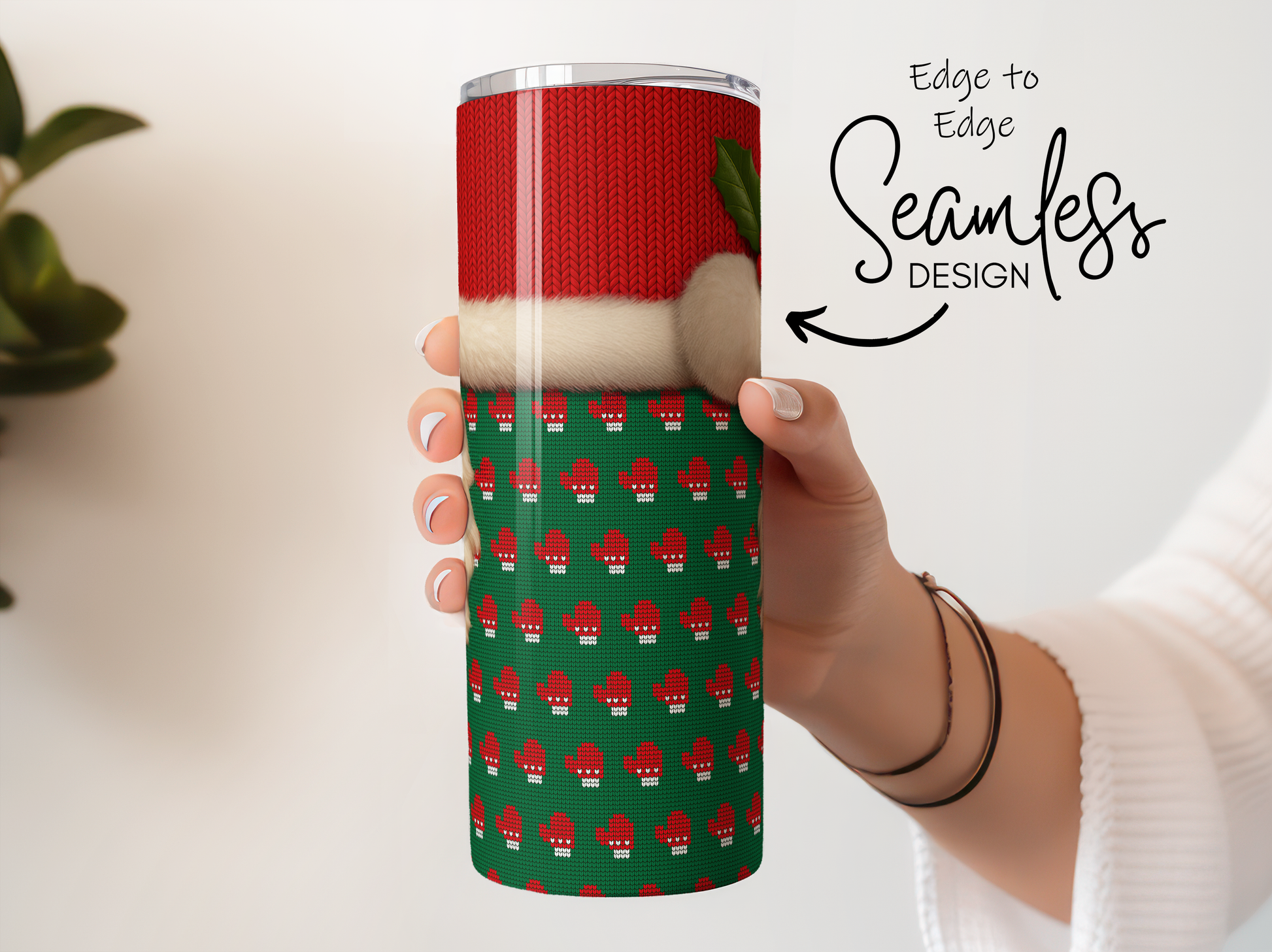 Festive Red and Green Christmas Tumbler, Seamless Santa Design, Insulated Travel Mug, Holiday Gift Idea