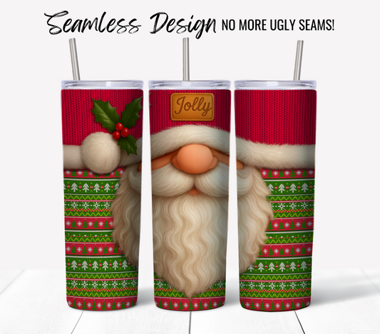 The Jolly Santa Ugly Sweater #21 Tumbler Wrap features three festive seamless designs—a red knit hat, holly, and green sweater patterns—for 20 oz skinny sublimation tumblers. Top text: "Seamless Design No More Ugly Seams!.