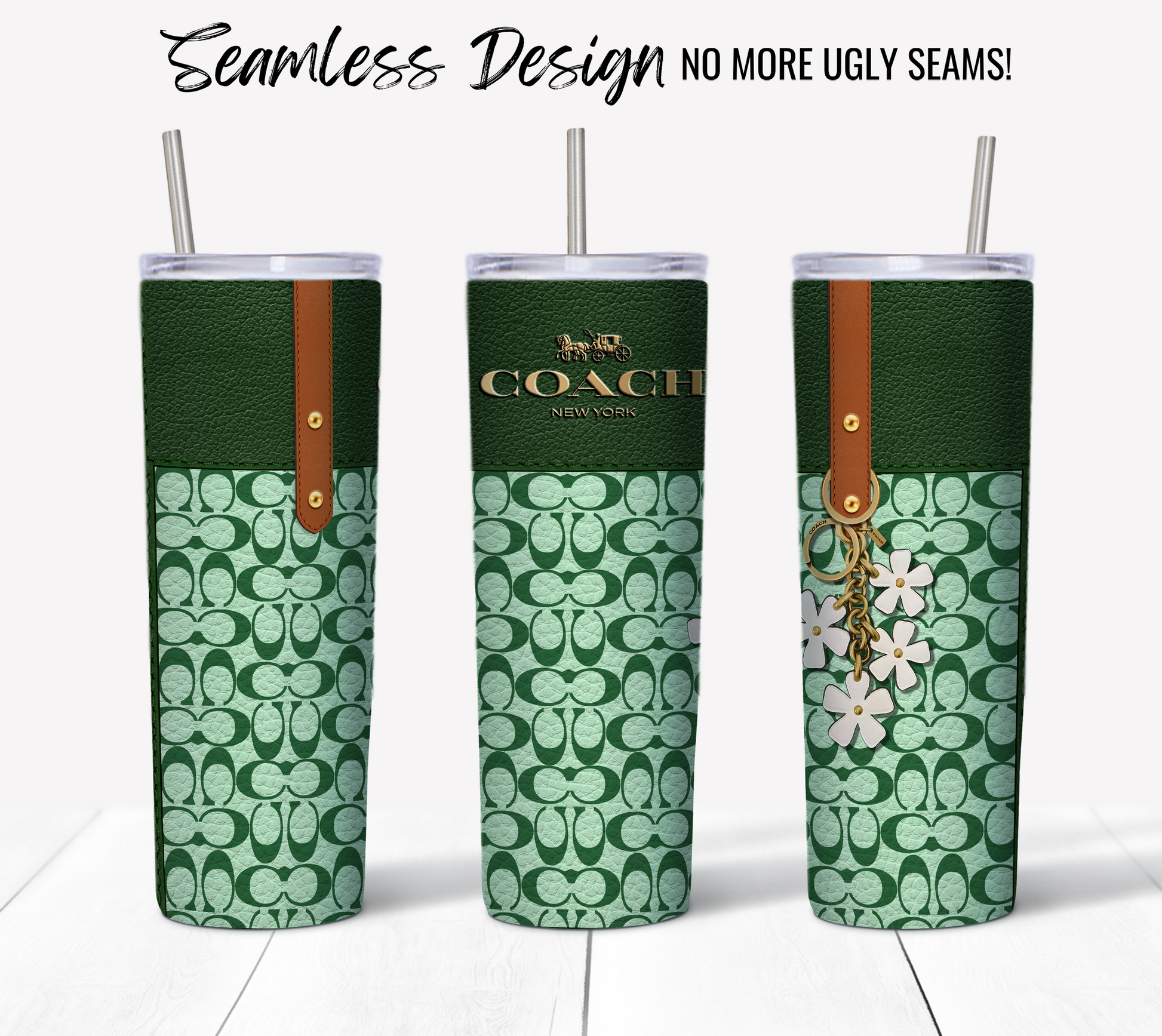 Three NY Coach Forrest Green tumblers, adorned with monogram letter patterns and featuring leather strap accents as well as metal straws, rest elegantly on a white surface. These 20 oz sublimation tumbler wraps are ideal for sublimation printing with their flawless design. The background text proudly reads, "No More Ugly Seams!