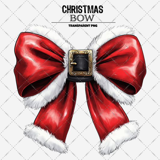 Illustration of a high-resolution red Christmas coquette bow with white furry edges and a gold buckle, resembling a Santa Claus belt. The text above reads "Christmas Coquette Bow Transparent PNG File." Ideal for digital PNG files with transparent backgrounds.