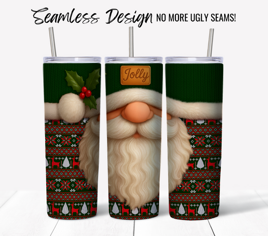 Jolly Santa Ugly Sweater #8: Three stainless steel tumblers with seamless sweater patterns—gnomes, trees, holly, and festive Santa. Perfect for 20 oz Sublimation Tumbler Wrap digital downloads. Text above: "Seamless Design No More Ugly Seams!.