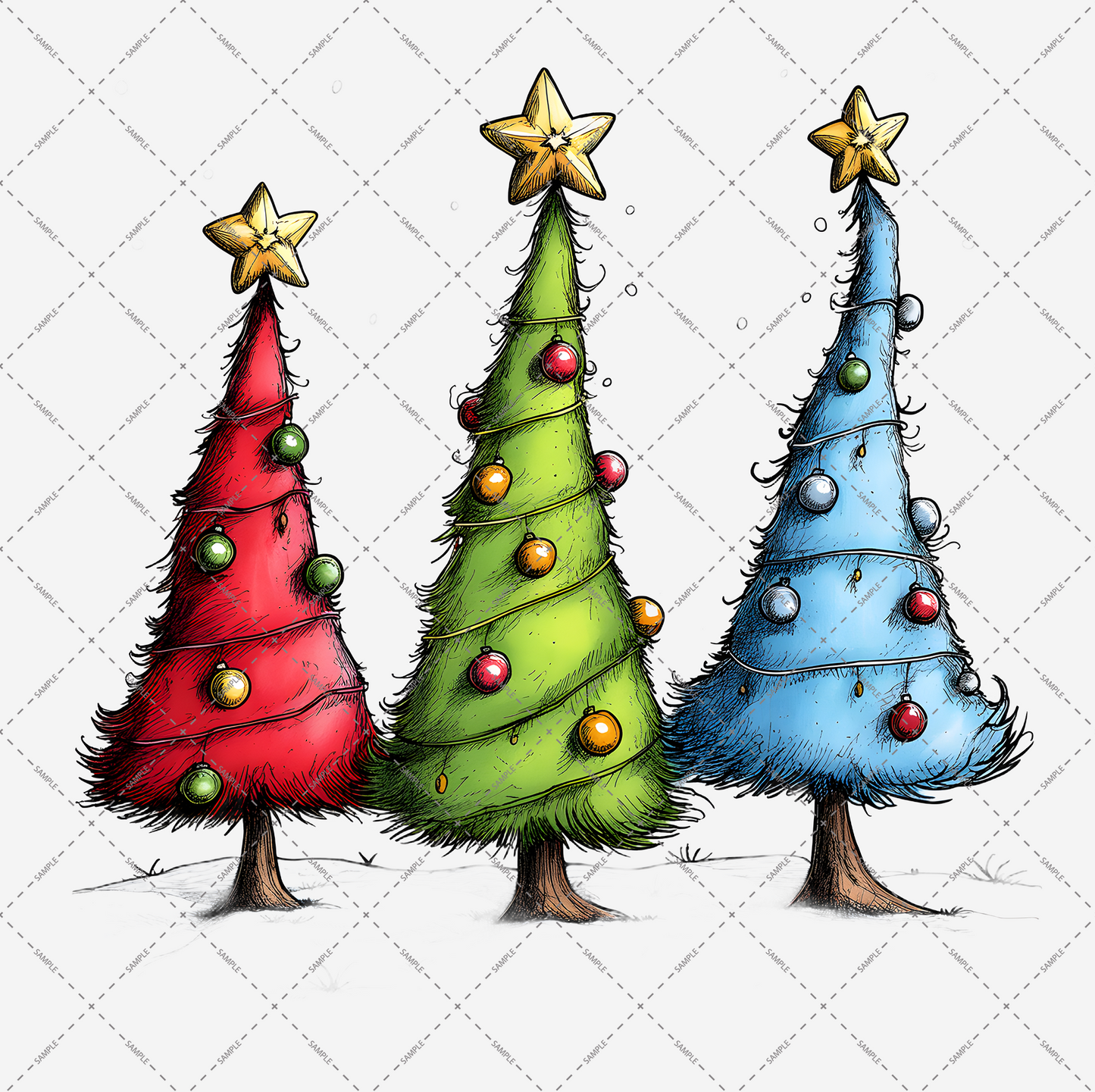 A row of three whimsical Christmas trees with stars on top is featured against a transparent background. Available as high-resolution digital PNG files under the product name "Christmas Trees Transparent PNG File," these trees come in red, green, and blue hues, adorned with matching baubles and garlands, and each is surrounded by a small patch of snow.