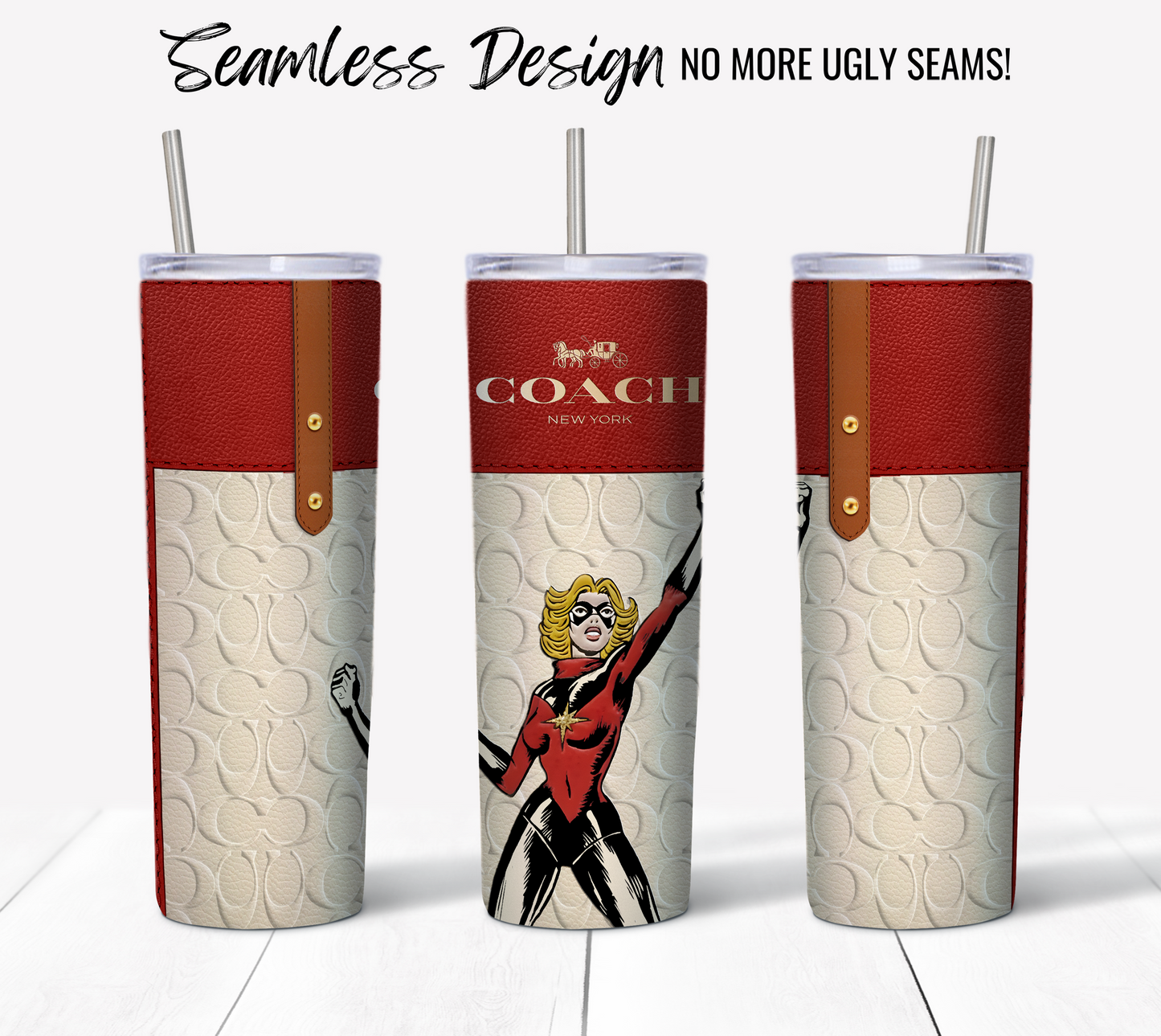 Three sublimation tumblers, each holding 20 oz, feature the NY Coach Marvel Red and Cream Monogram Leather Texture design. These digital download tumblers exhibit a striking red and beige pattern with the Coach New York logo alongside a superheroine in comic-style art dressed in red and black. Each tumbler includes a silver straw, with an eye-catching message above that reads: "Seamless Design No More Ugly Seams!