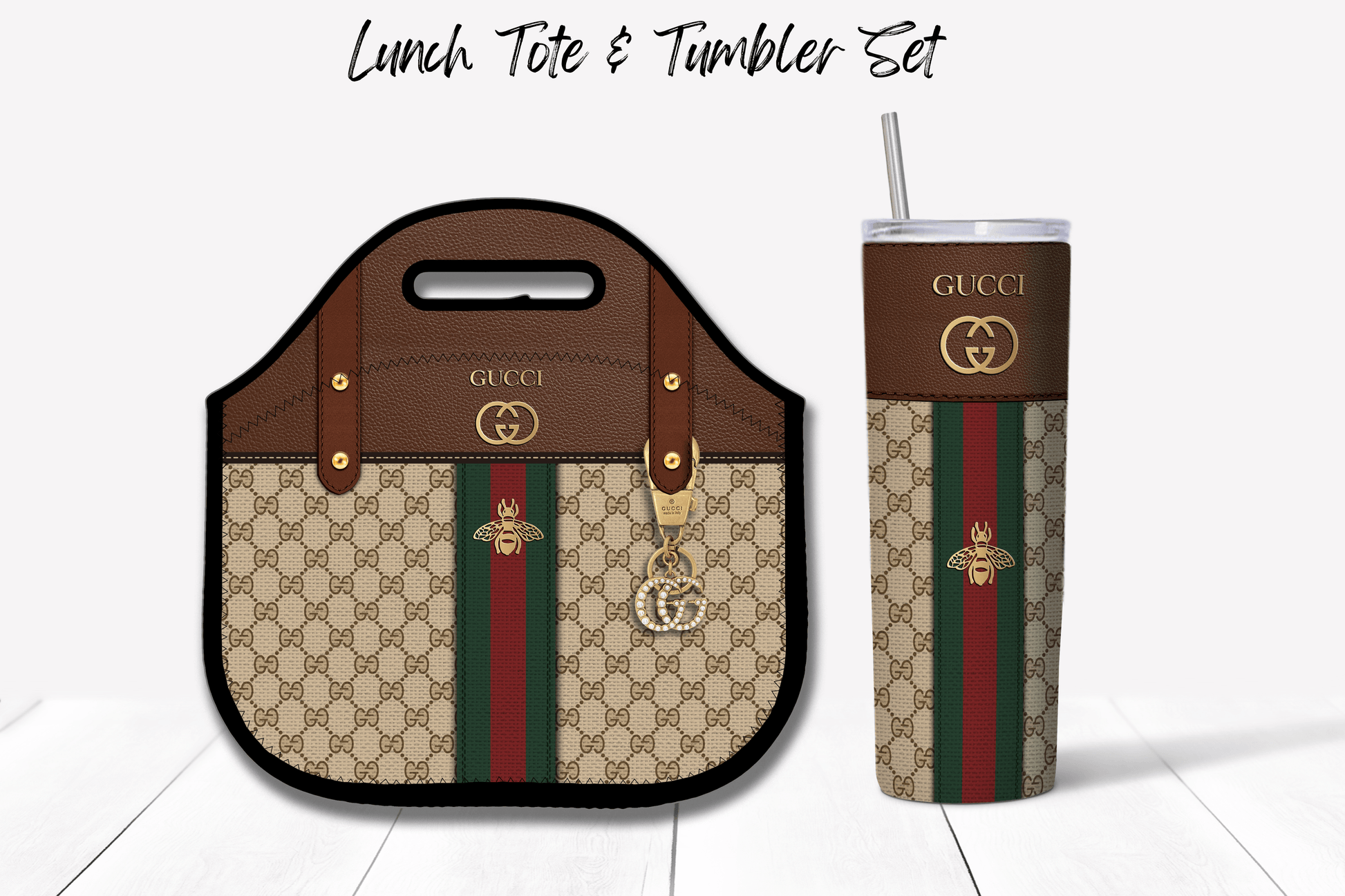 Gucci Brown Monogram Lunch Tote and Tumbler Set Fabric Texture - Hushed Designs