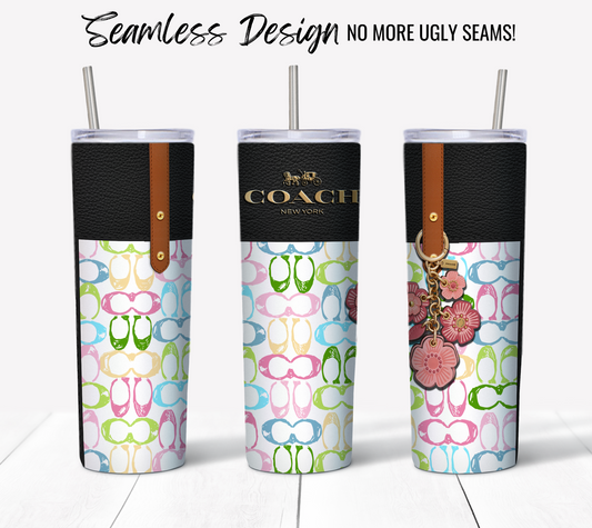 Introducing the NY Coach Pastel Monogram Plain: a set of three tall tumblers with straws, each adorned with vibrant flip-flop patterns and elegant leather accents. These 20 oz tumblers feature a delicate floral charm and are crafted for seamless sublimation printing. The text above reads "Seamless Design No More Ugly Seams!" making it the ideal choice for digital download enthusiasts.