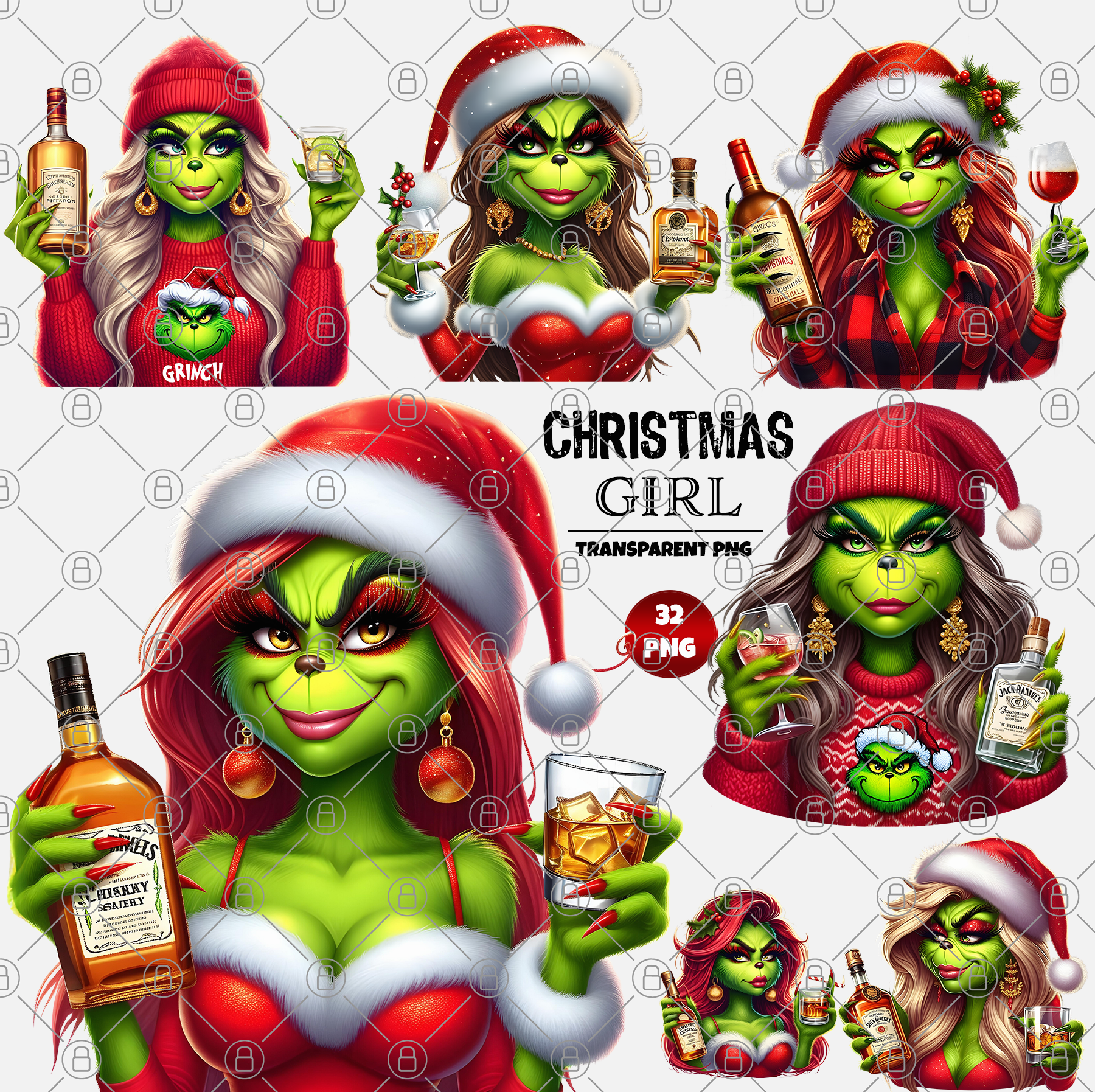 A cheerful green creature dressed in festive clothing, featuring joyful expressions while holding gifts and drinks. The character wears a Santa hat and red outfit, set against a transparent background. Includes "Christmas Girl" with 32 high-resolution digital PNG files.